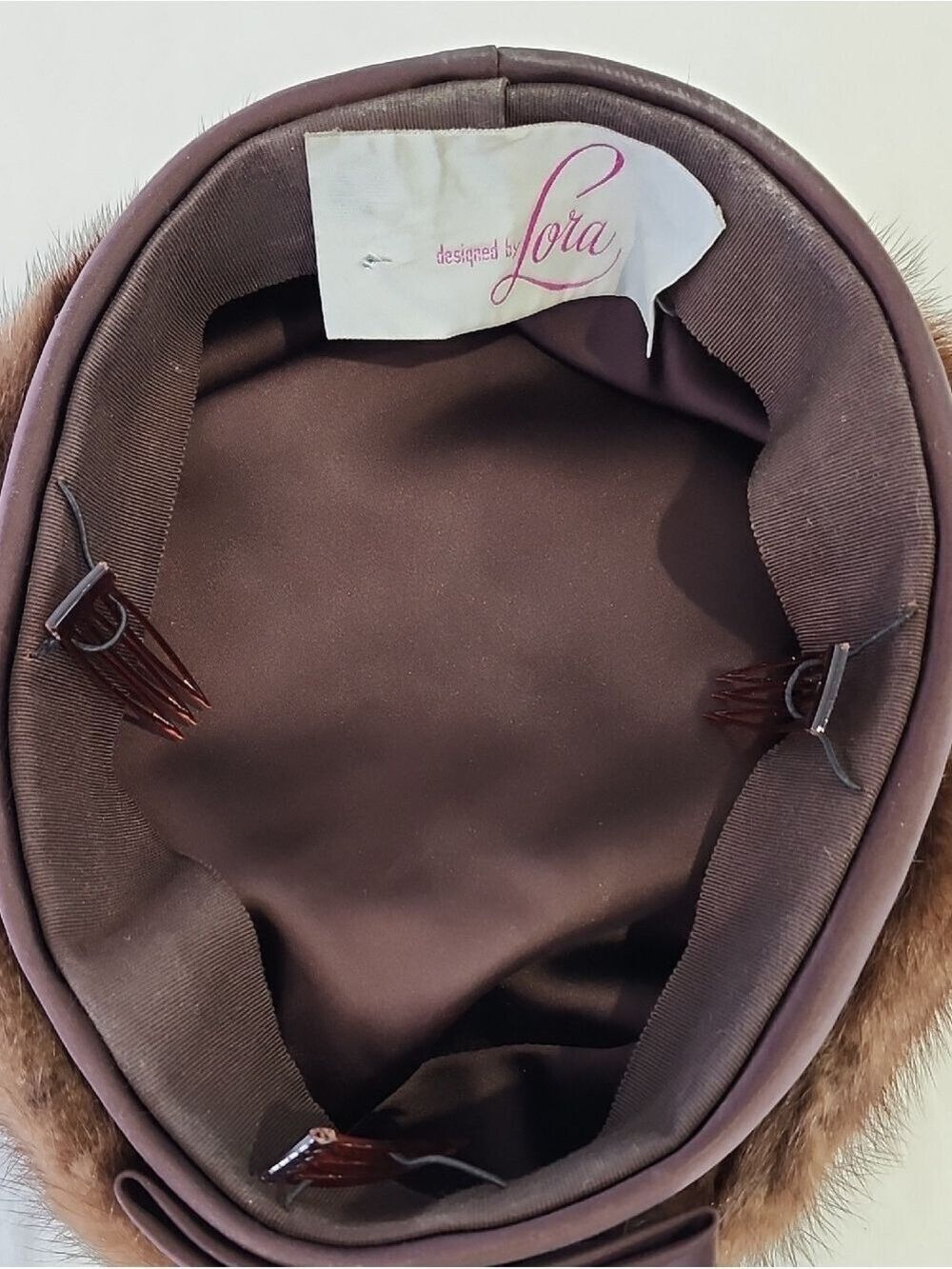 Vintage designed by Lora Brown Mink Fur Pillbox Hat Beret 24" Around Hat Band - Picture 4 of 9